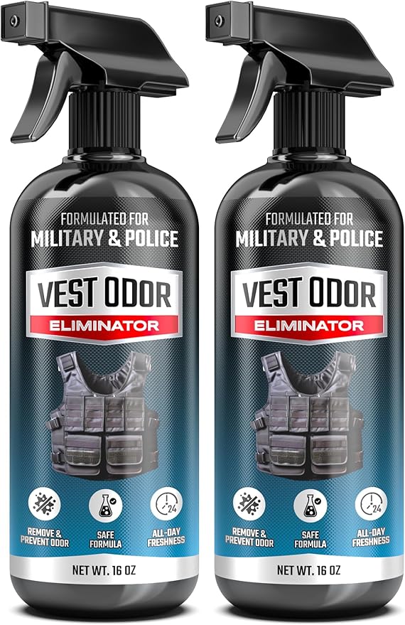 Vest Odor Remover Spray – for Police Gear Law Enforcement Accessories &amp Tactical Equipment – Non-Toxic Residue-Free Long-Lasting Fresh Scent – 2 Pack