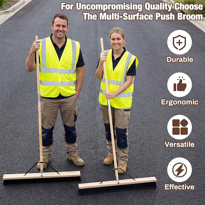 36 Inch Push Broom Indoor Outdoor Use Heavy Duty Floor Sweep Brush with 60 Inch Wood Handle Stiff Bristles for Concrete Garage Driveway Cleaning Snow Leaves Debris