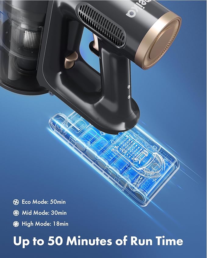 Cordless Vacuum Cleaner 28Kpa Powerful Suction with LED Display 8 in 1 Lightweight Stick Vacuum 50 Min Runtime Detachable Battery 1.5L Dust Cup for Carpet and Hard Floor Pet Hair Black