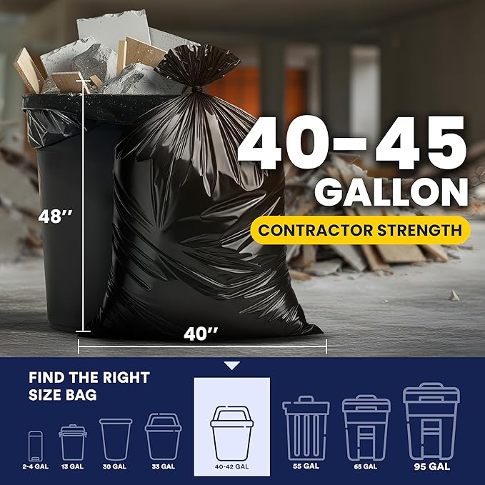 Plasticplace Contractor Trash Bags 40-45 Gallon │ 3.0 Mil │ Black Heavy Duty Garbage Bag │ 40” x 48” (50 Count)