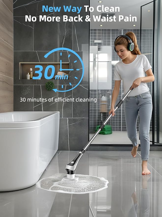 Electric Spin ScrubberCordless Shower Scrubber with Power Display ScreenIP68 Waterproof Bath Cleaning BrushAdjustable Extension Handle &amp 2 SpeedsElectric Cleaning Brush for BathroomKitchenTu