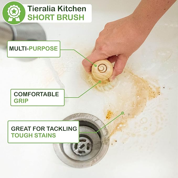 Tieralia Bamboo Dish Brush Gift Set – 5-Piece Kitchen Cleaning Set with Bottle Brush Round Scrub Brush Palm Brush &amp 2 Plant-Based Sponges | Wooden Handle Cleaning Tools for Dishes &amp Surfaces