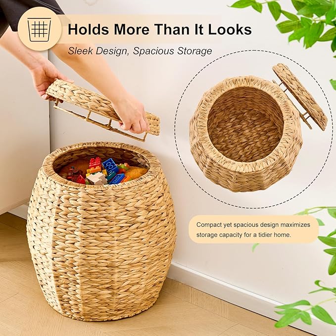 Round Wicker Basket with Lid Handwoven Water Hyacinth Storage Basket Blanket Organizer Basket for Laundry Bathroom Bedroom Living Room Office