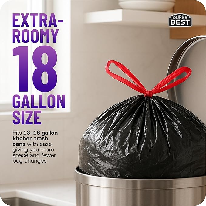 Heavy-Duty Trash Bags – 120 count 18 Gallon Black Ultra Thick Drawstring Garbage Bags – Leak-Resistant for Home &amp Commercial Use Big Trash Bags Made in USA