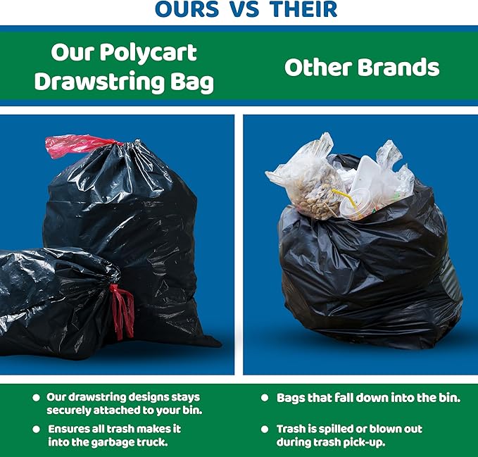96 Gallon Industrial Strength Draw String Black Trash Bags for Heavy Duty Curb Pickup &amp Outdoor Trash Bins (20 each)