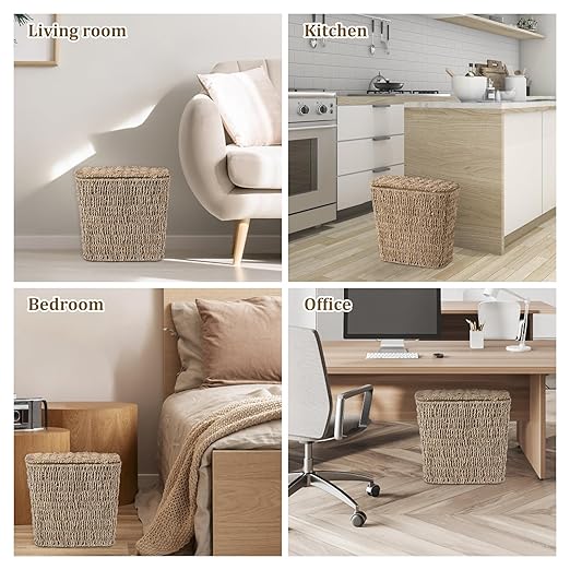 Wicker Waste Basket with Lid and Liner Woven Seagrass Trash Can Bathroom Trash Can Boho Garbage Wastebasket for Bedroom Home Living Room Office Kitchen 2.5 Gallon