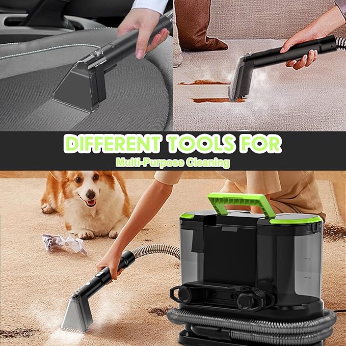 Portable Carpet &amp Upholstery Cleaner Deep Cleaning for Rugs Couch Curtain Car Interiors Stains Pet &amp Family Friendly 21 Kpa suction with 800W high-performance motor 120V (Green)