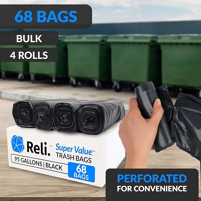 Reli. 95 Gallon Trash Bags Heavy Duty | 68 Trash Bags | Super Sizeable Black Garbage for Serious Cleanup