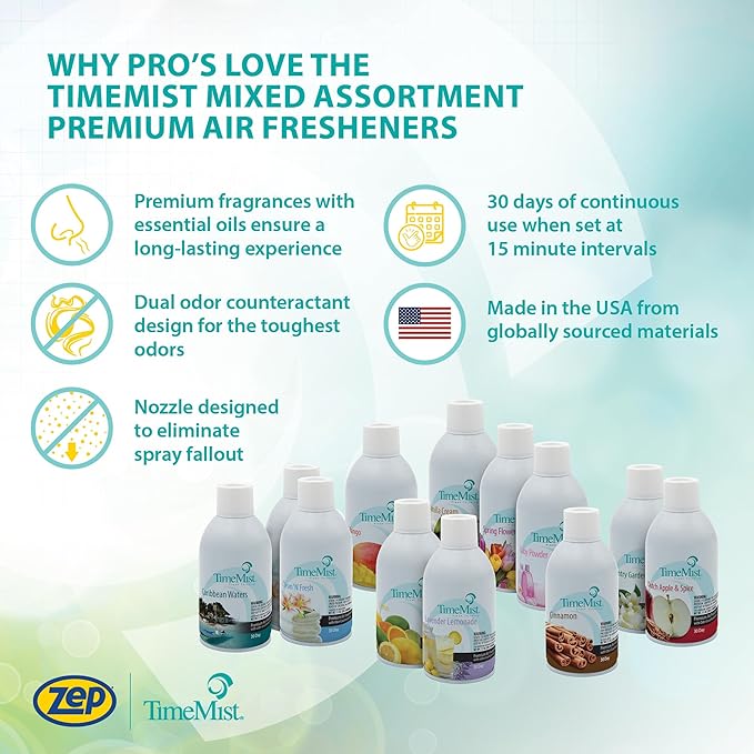 TimeMist Air Freshener Mixed Assortment Dispenser Refills - 7.1 oz (Case of 12 Assorted Fragrances) 1050698 - Essential Oils Lasts Up To 30 Days and Neutralizes Tough Odors