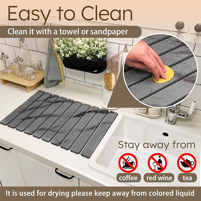 Large Stone Dish Drying Mat for Kitchen Counter Collapsible Marbled Quick-Dry Diatomaceous Earth Mat with Dish Rack and Towel Versatile Drying Mats for Kitchen Utensils (Dark Gray 23.6×15.4)