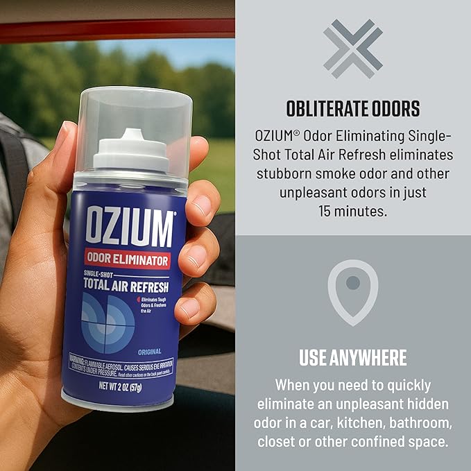 Ozium Air Sanitizer 2 oz Car Fogger: Single-Shot Smoke Odor Eliminator &amp Car Air Freshener (New Car Smell 4 Packs)