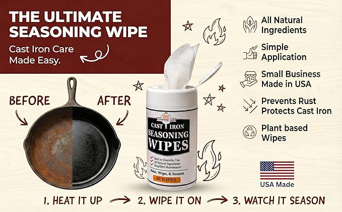 Cookware Care Cast Iron Seasoning Oil Wipes 100 Wipes Made in USA with Grapeseed Oil for Cast Iron Skillet Blackstone Griddle (2 pack)