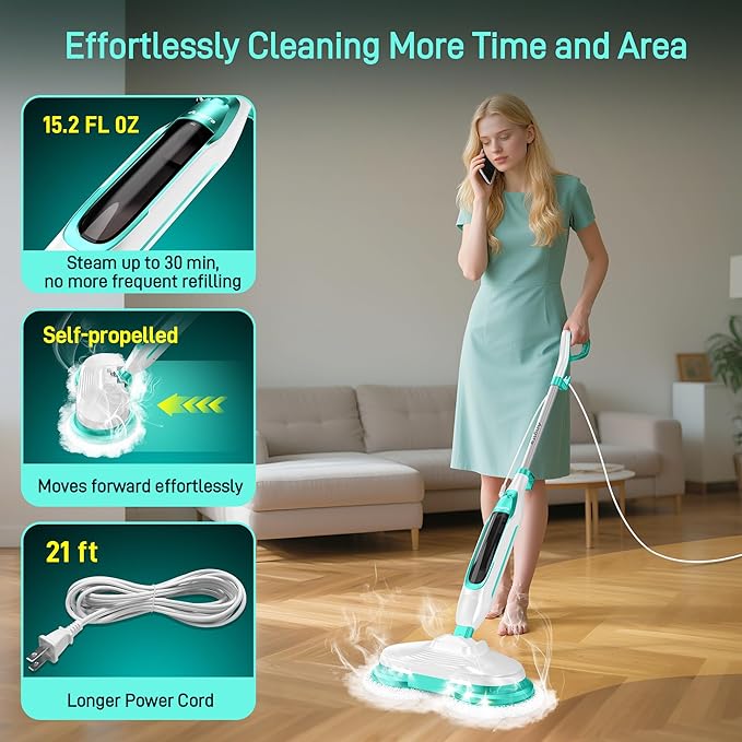 Scrubbing Steam Mop with Rotating Mop Pads All-in-One Hard Floor Cleaner with LED Headlights &amp Swivel Steering