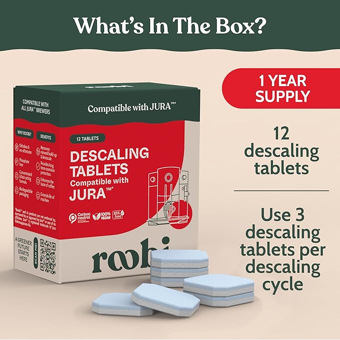 Roobi Jura Compatible Descaling Tablets. 12 Jura Descaling Tablets for Automatic Espresso Coffee Machines. 100% Vegan Carbon Neutral.