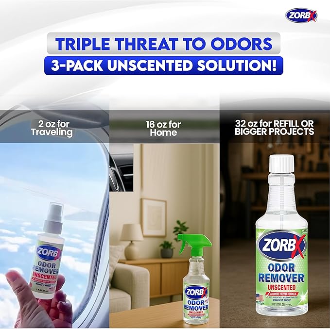 ZORBX Unscented Multipurpose Odor Eliminator 3 items Bundle: 2 Oz + 16 Oz + 32 Oz - Used in Hospitals &amp Healthcare Facilities - Advanced Trusted Formula - Perfect Bundle to Get Rid of Unpleasant O