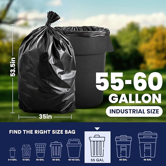 Plasticplace 55-60 Gallon Trash Bags │ 1.2 Mil │ Black Garbage Can Liners │ 35” x 53.5” (90 Count)