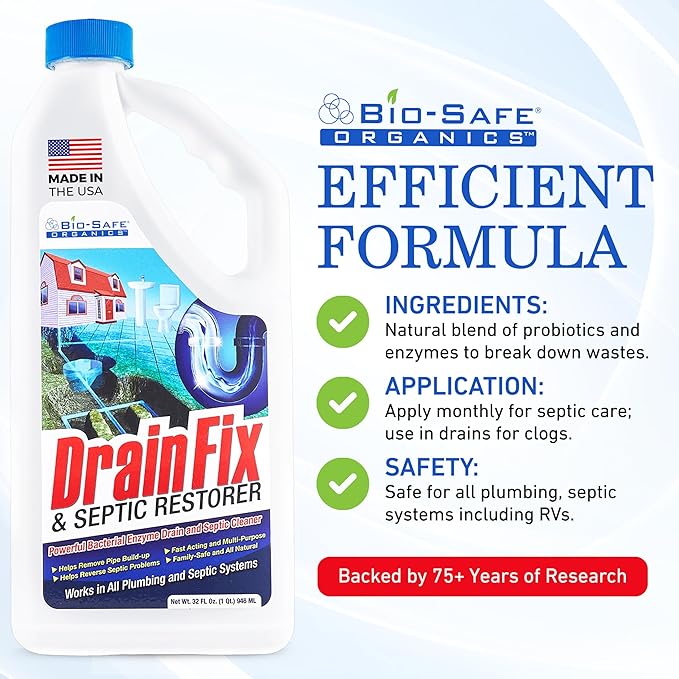 DrainFix &amp Septic Restorer – 32 oz Enzyme Septic Tank Treatment &amp Drainfield Restoration – Organic Drain Cleaner for Sewer Lines RV &amp Home Plumbing – Safe for Pipes &amp Septic Systems