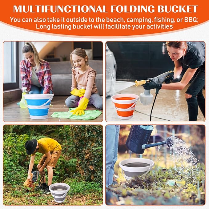 Pickmesh 4 Pcs Collapsible Bucket 2.6 Gallon (10l) Foldable Collapsible Sand Bucket with Handle Small Cleaning Pail for Household Outdoor Car Washing Camping Beach Sand (Blue Pink Orange Gray)
