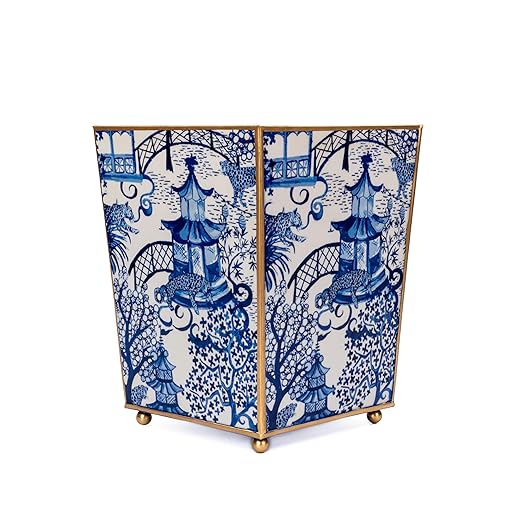 Jaye’s Studio Garden Party Decorative Gold Waste Basket for Bathroom Trash Can no Lid Bedroom Garbage Can Square Office Trash Bin Vanity Enamel White &amp Blue Bathroom Trash Can Gold Feet 9 inch