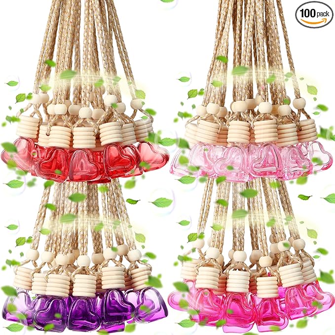 Rtteri 100 Pcs Hanging Car Air Freshener Diffuser Bottles Empty Glass Perfume Diffuser Vials Refillable Oil Aromatherapy Pendant with Wooden Caps and Hanging String for Car Home Office Decor(Heart)