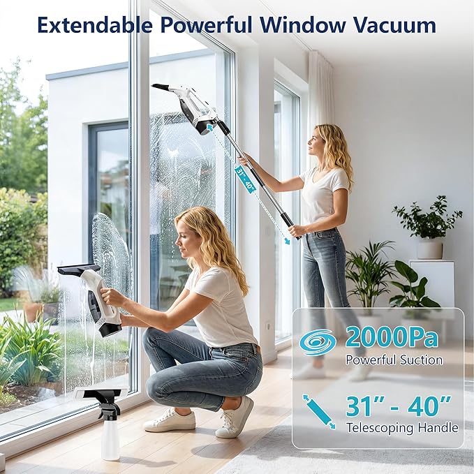 Aixiqee Window Vacuum Squeegee with Extendable Pole 31-40 2000Pa Electric Window Cleaning Tool with 2200mAh and 150ml Dirty Water Tank Long Handle Squeegee for Shower Glass Window Cleaning (White)