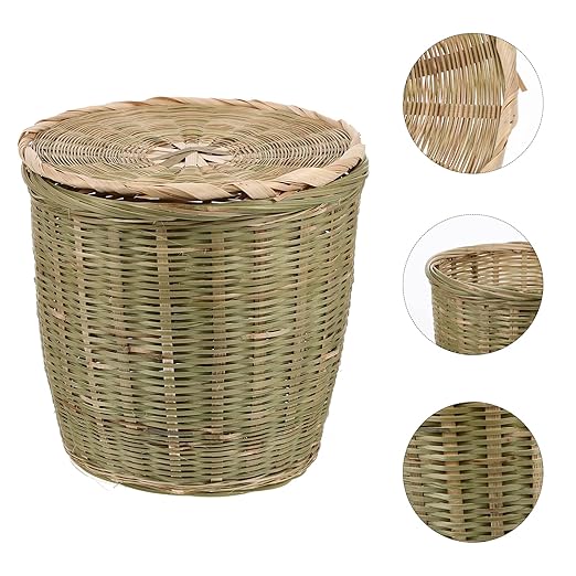 Rattan Waste Basket with Lid - Round Wicker Trash Can Garbage Container Bin Laundry Basket Flower Pots Woven Storage for Home Office