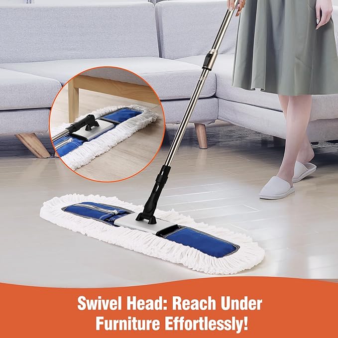 24 Heavy-Duty Commercial Dust Mop for Hardwood Floors &amp Large Areas - with 2 Microfiber Pads Reinforced Telescoping Handle for Stable Cleaning in Homes Garages &amp Commercial Spaces