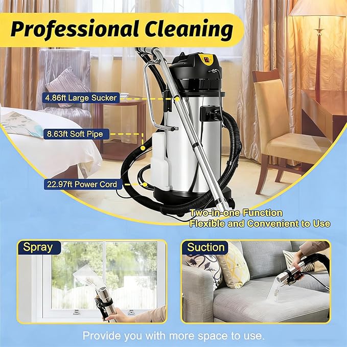 Professional Deep Clean Machine 3-in-1 Commercial Carpet Shampooer &amp Wet Dry Vacuum with Spray Function 6 Attachments Included 60L