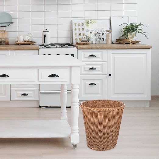 Beige Simulated Rattan Woven Trash Container Rust-Resistant Iron Wastebasket for Office Home Bedroom Compact Stylish Waste Basket