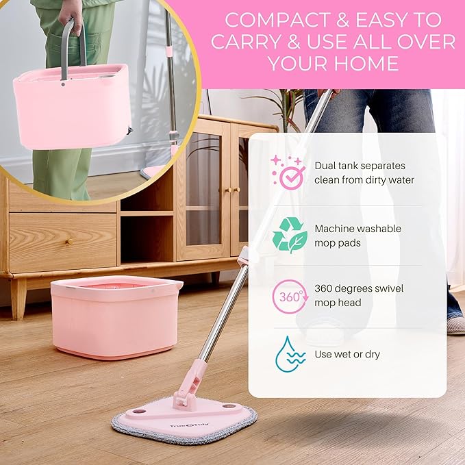 Square Spin Mop &amp Bucket Smart Floor Mop with Separate Compartments for Clean and Dirty Water Self Cleaning 2025 Upgraded Version w/Side Brush &amp Self-Standing Handle Rose