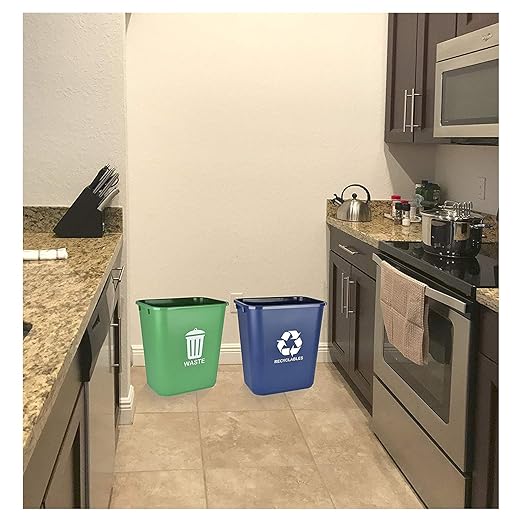 Acrimet Wastebasket Bin for Recycling and Waste 6.75 Gallon/ 27 Quart/ 24 Liter (Plastic) (Green and Blue) (Set of 2)