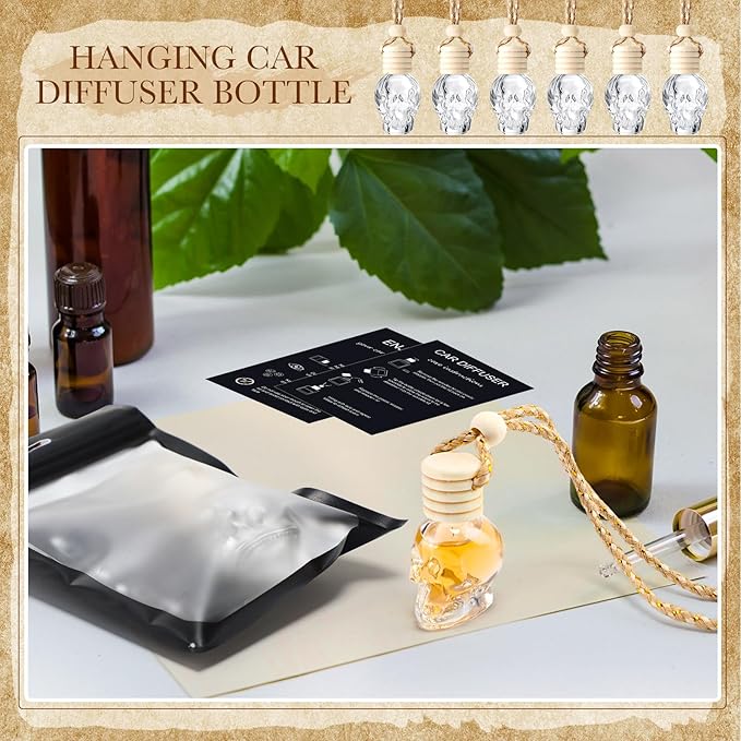 Boao 100 Sets Hanging Car Air Freshener Diffuser Bottles with Instruction Card and 4 x 6'' Resealable Holographic Bag for Empty Car Essential Oil Perfume Bottles Packaging (Black CardSkull)