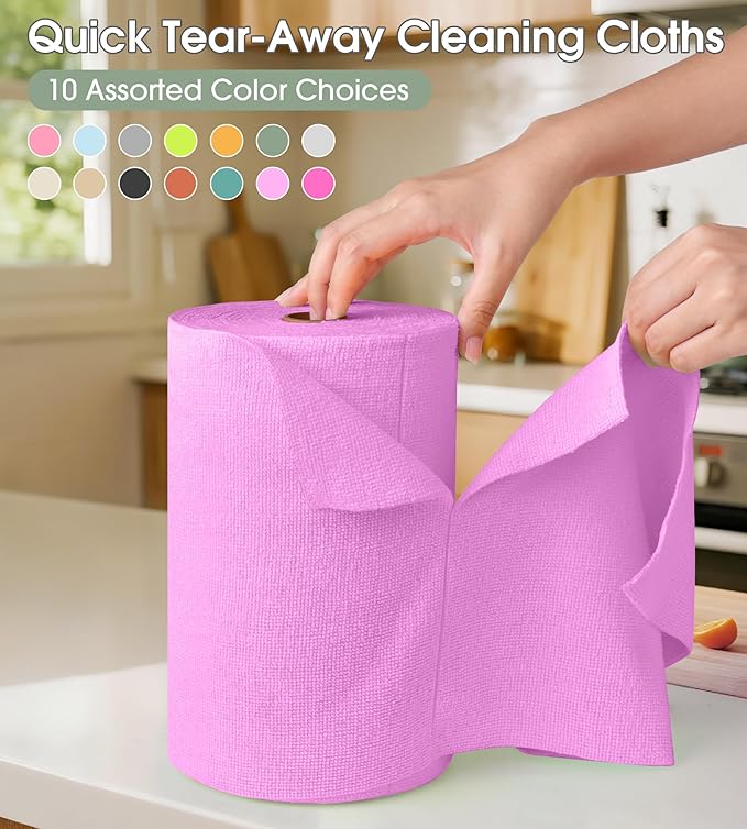 KitchLife Microfiber Cleaning Cloth Roll 100 Pack - Tear-Away Microfiber Paper Towels Lint-Free Reusable Washable for Kitchen Car Dishes and Sensitive Surfaces (Light Purple)