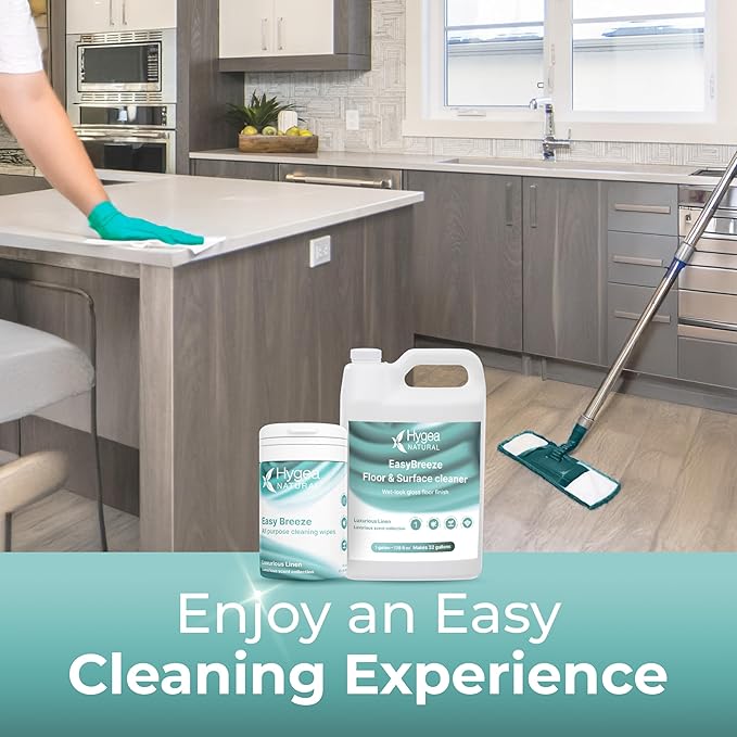 Hygea Natural EasyBreeze Ultimate Cleaning Bundle - PH Neutral Floor &amp Hard Surface Cleaner with All-Purpose Wipes - Luxurious Linen Scented (1 Gallon Floor Cleaner 50 ct. Wipes)