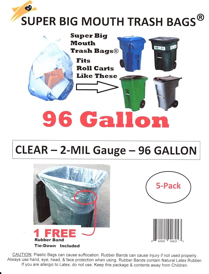 96 Gallon CLEAR Super Big Mouth Trash Bags - 2-MIL - 5-PACK Plus 1 Free Rubber Band Tie-Down