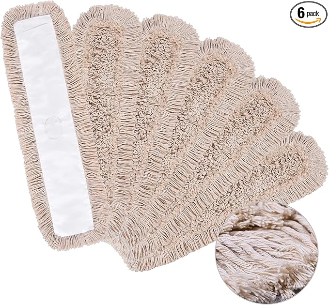 Matthew Cleaning 24'' Cotton Dust Mop Refill Washable Thick Tufted Replacement Heads for Residential &amp Commercial Use Fit All 24'' Dust Mop Frames Hardwood Laminate Concrete Floors 6 Pack