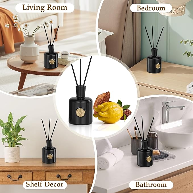 XEPTLE Reed Diffuser Set 7.04 oz Oud &amp Bergamot Scent Diffuser with 5 Sticks Long Lasting Air Freshener Essential Oil Reed Diffuser for Home Home Fragrance for Office Bathroom Shelf Decor Bl