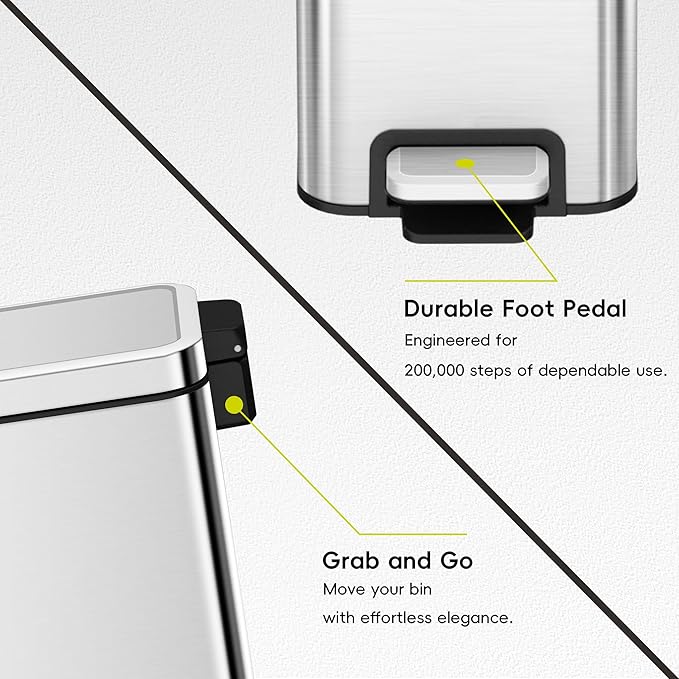 EKO Small Bathroom Trash Can with Lid Soft Close Step Pedal 10 Liter / 2.6 Gallon Stainless Steel Garbage Can with Removable Inner Bucket Anti-Fingerprint Finish (Silver)