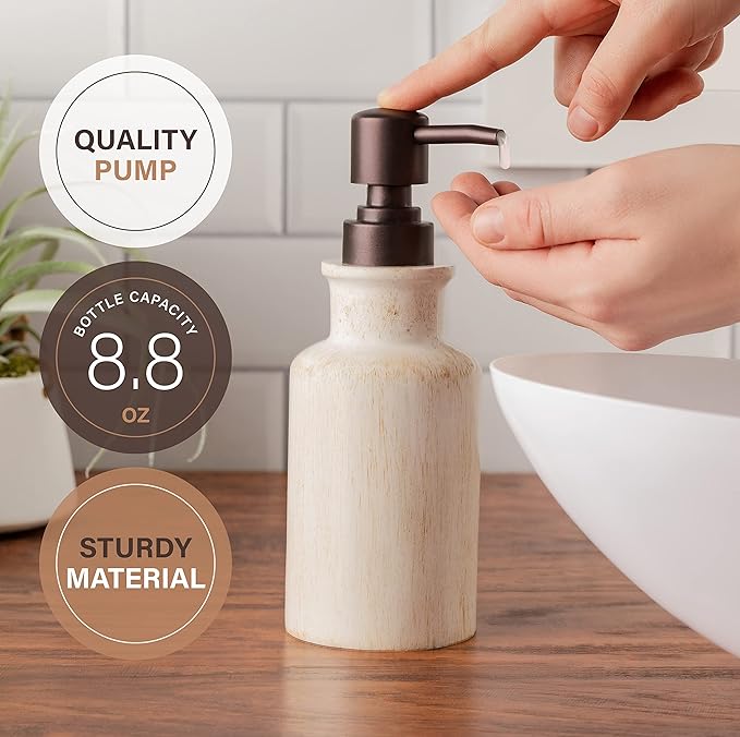 Creative Scents Rustic Luxe Bathroom Accessory Set Complete - 4 Piece Beige Bathroom Soap Dispenser Set has: Lotion Dispenser Toothbrush Holder Tumbler &amp Soap Dish Modern Farmhouse Bathroom Dec