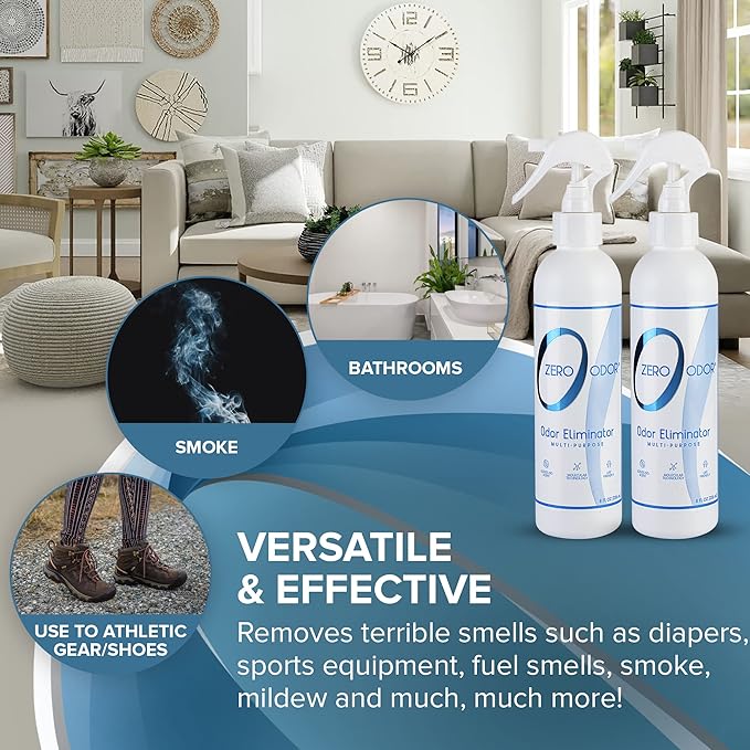 Zero Odor Multi-Purpose Household Odor Eliminator Spray Two Pack 8oz Patented Technology Best for Bathroom Kitchen Fabrics Closet- Smell Great Again 128oz