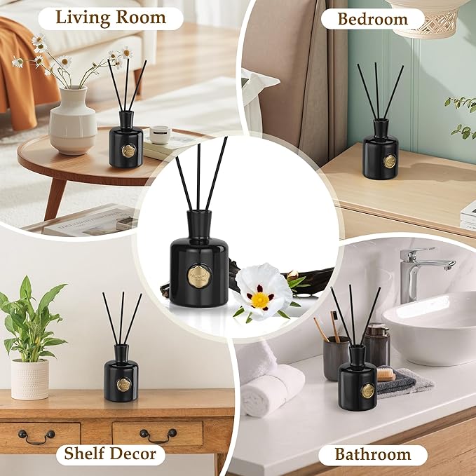 XEPTLE Amber Reed Diffuser for Home Air Freshener Woody Scent Diffuser with 5 Reeds for Bedroom Living Room Bathroom Décor Orange Plum Rose with Honey Amber Vanilla &amp Sandalwood 7.04oz Black