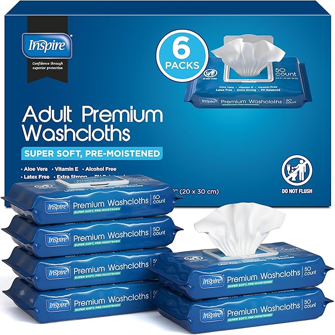 Inspire Adult Wet Wipes Wash Cloths Incontinence &amp Cleansing for Elderly Extra Large 8x12 (300 count)