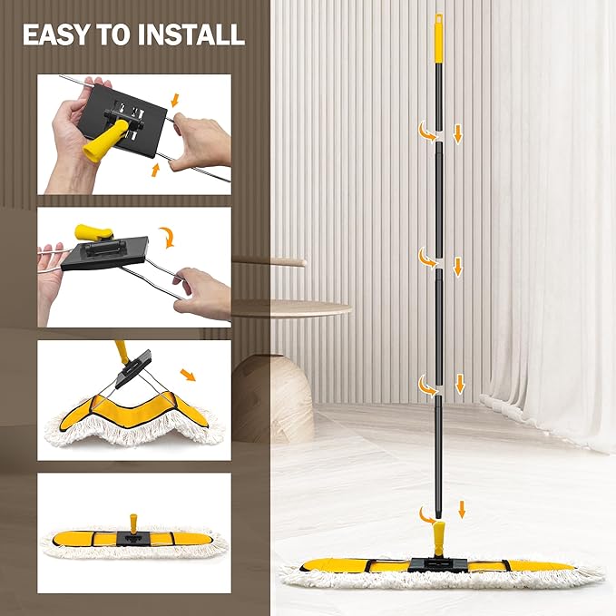 NEWE 24” Commercial Dust Mop Large Dry Dust Push Broom Indoor Wide Floor Duster for Laminate Hardwood Tile Marble (Yellow)