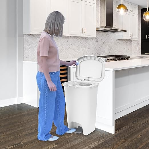 Glad 13 Gallon Trash Can | Plastic Kitchen Waste Bin with Odor Protection of Lid | Hands Free with Step On Foot Pedal and Garbage Bag Rings 13 Gallon White