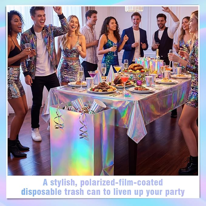Tinlade 6 Pack 13 Gallon Iridescence Disposable Trash Cans Extra Large Thickened Waterproof Reusable Garbage Bins Foldable Pop up Recycle Bins for Galentines Day Bachelorette Wedding Iridescent Party
