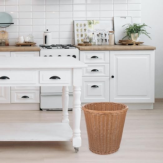 Cabilock Rust-Resistant Iron Wastebasket Imitated Rattan Woven Trash Can Brown and Work Rubbish Bin Without Lid for Living Room or Guest Room