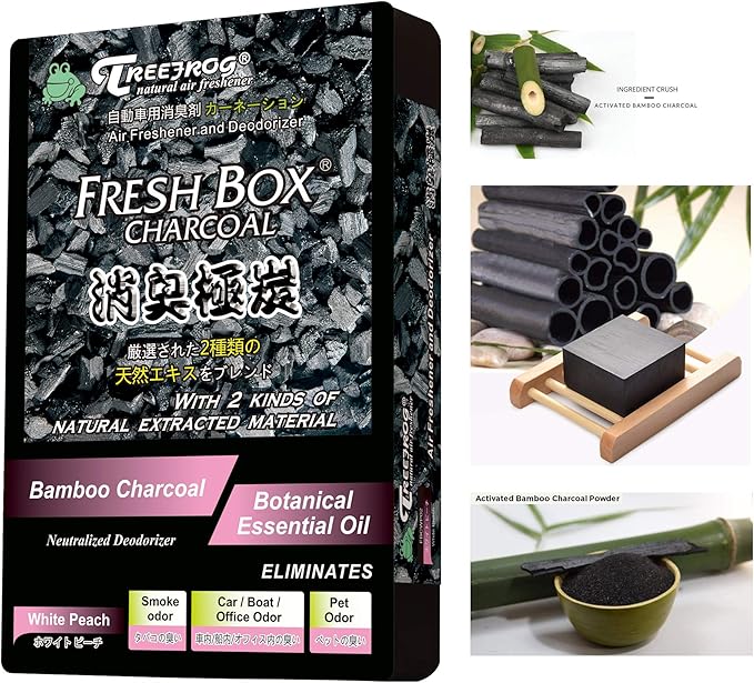 Treefrog Xtreme Fresh Box Charcoal White Peach Scent 3-Pack Car Air Freshener Deodorizer and Neutralizer air Plus Smelling Great Black Bamboo Charcoal Generously Large Size 200g.