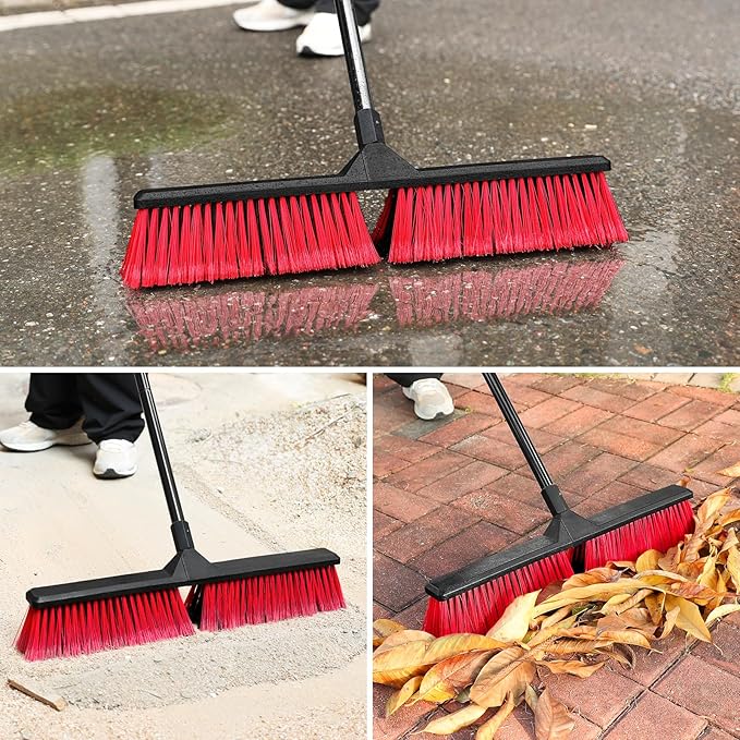2PK 24 Push Broom Outdoor with 63 Long Handle and Stiff Bristles Heavy Duty Outdoor Broom Brush for Workshop Garage Concrete Patio and Deck Floor Sweeping