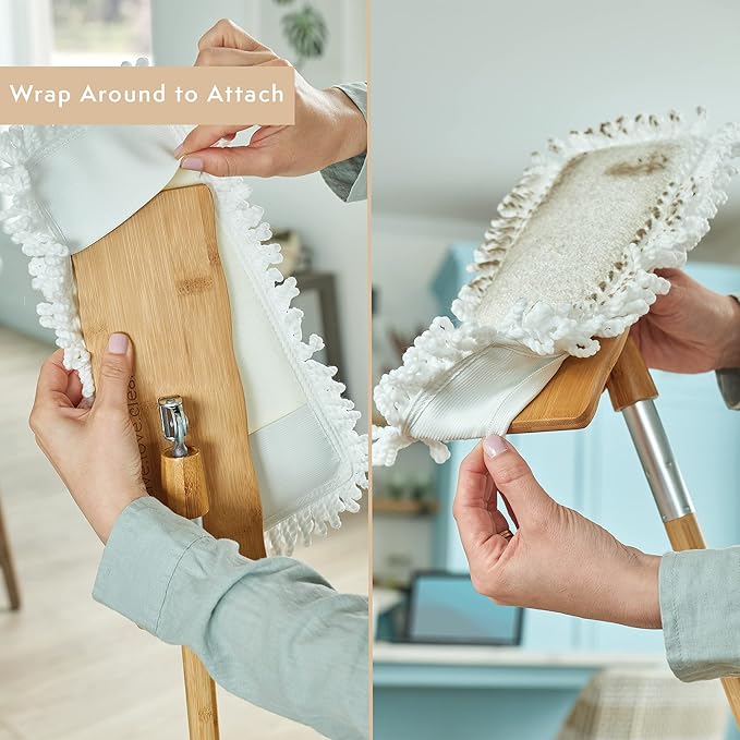 Harper Live.Love.Clean. Bamboo 2-in-1 Smooth Surface Wet/Dry Dust Mop with (2) Washable Wraparound Pads for Cleaning Dust Pet Hair &amp Fine Dry Dirt
