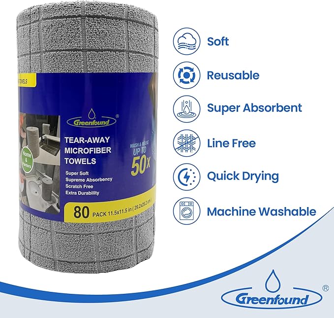 Greenfound Microfiber Cleaning Cloth Roll -80 PackTear Away Towels for CarReusable Paper Towels WashableSuper AbsorbentLint Free Cleaning Rags for HouseKitchenWindow-11.5×11.5(Check Grey)